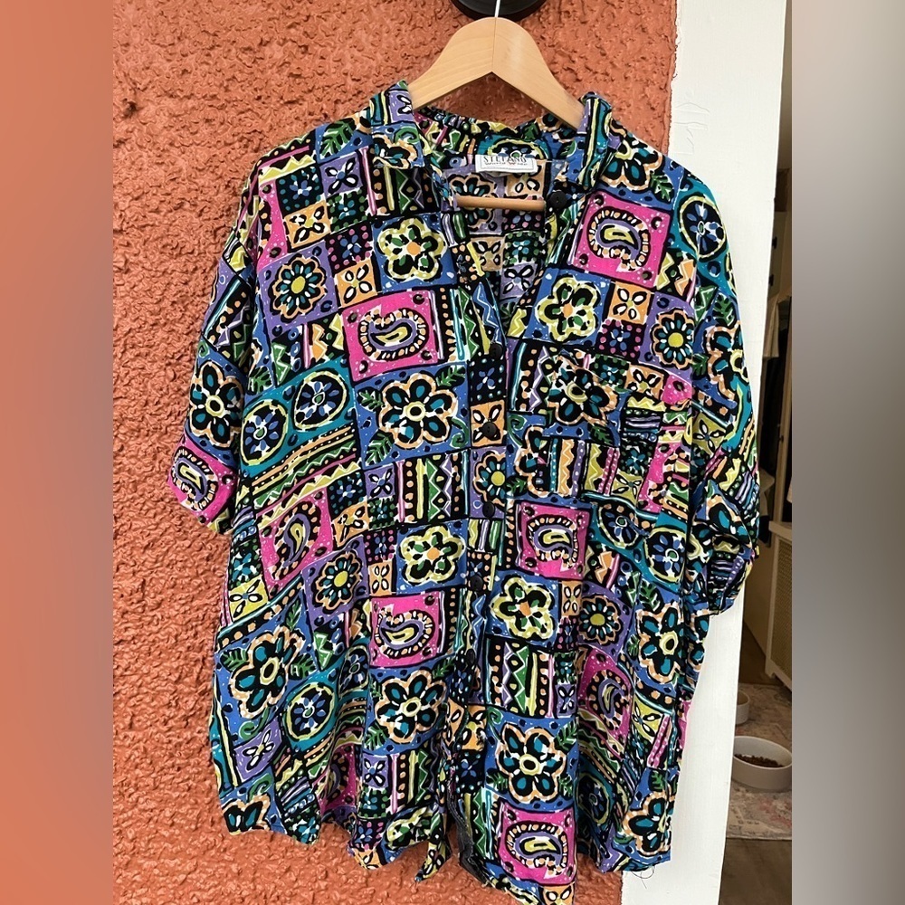 VTG Stefano International Shirt Womens Unsized Button Up Retro Neon 90s